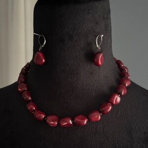 Red Bead Necklace and Earring Set - Women Jewelry